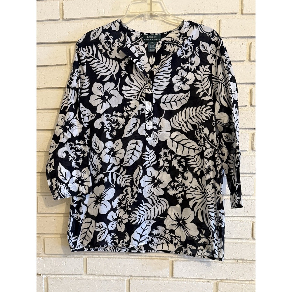 Lauren Ralph Lauren Top Blouse‎ Semi Sheer Black & White Floral Size Medium